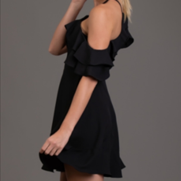 BLACK OPEN SHOULDER RUFFLE DRESS - Picture 2 of 4